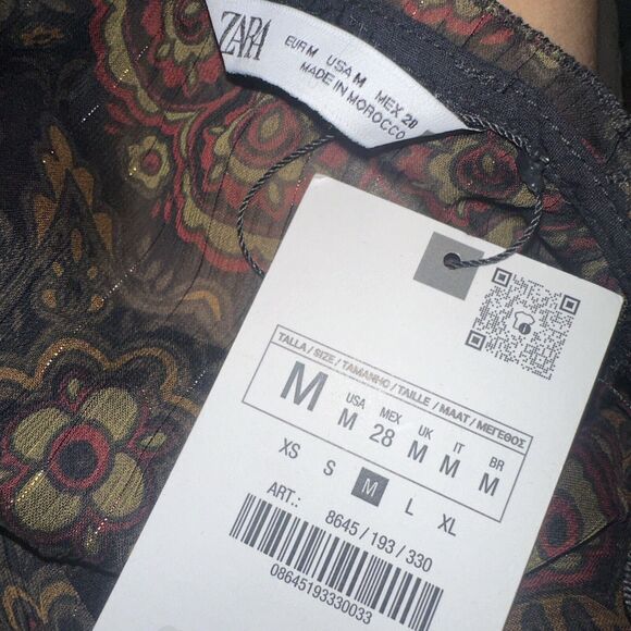 NWT ZARA Black Floral Ruffled Mini Skater Dress Metallic Striping Sz Medium - Picture 6 of 9